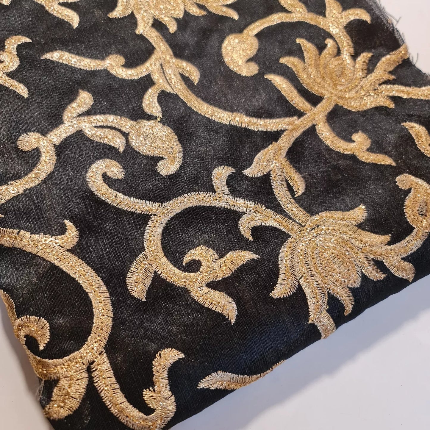 Luxury Faux Raw Silk Embroidered Fabric – Gold Floral Décor, Craft & Dress Material (44" Wide) by the Metre
