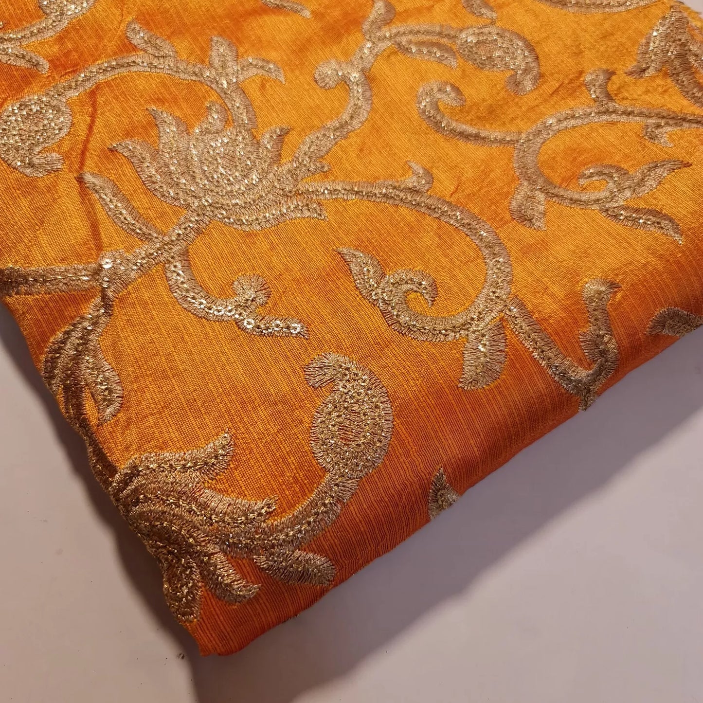 Luxury Faux Raw Silk Embroidered Fabric – Gold Floral Décor, Craft & Dress Material (44" Wide) by the Metre