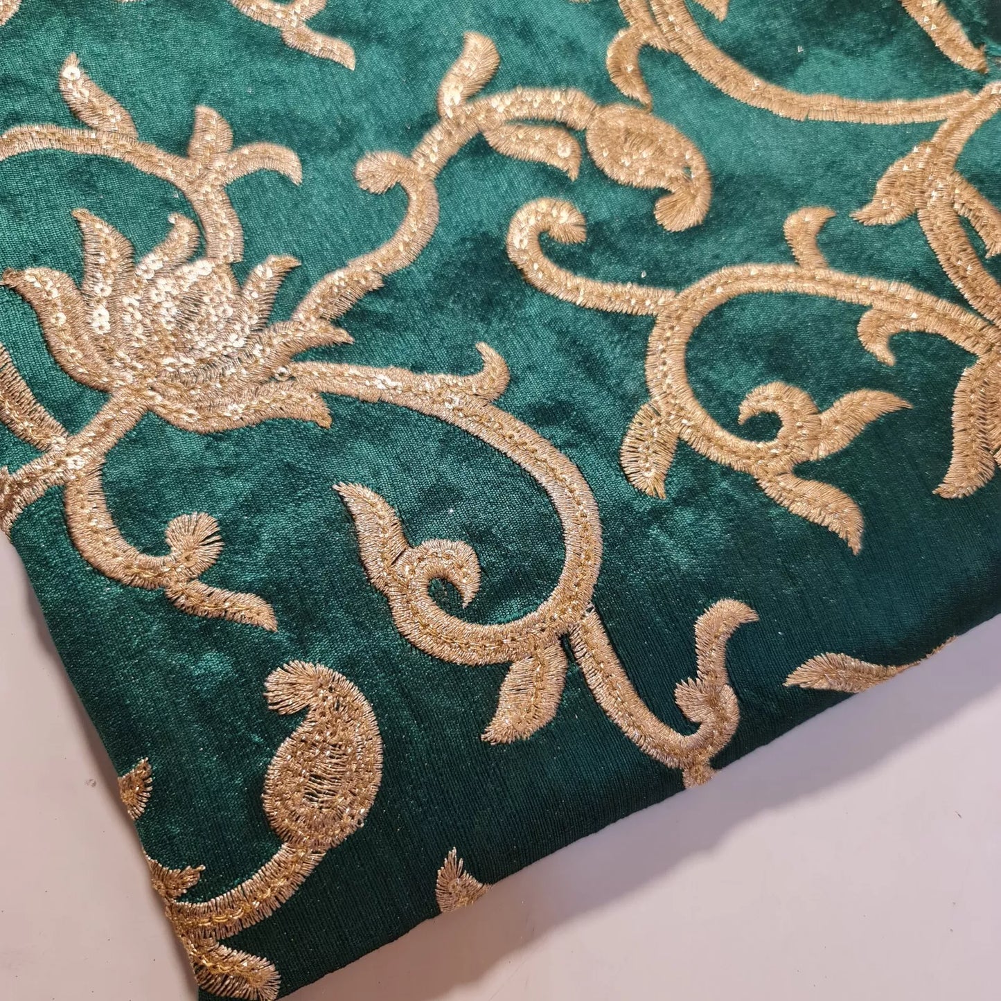 Luxury Faux Raw Silk Embroidered Fabric – Gold Floral Décor, Craft & Dress Material (44" Wide) by the Metre