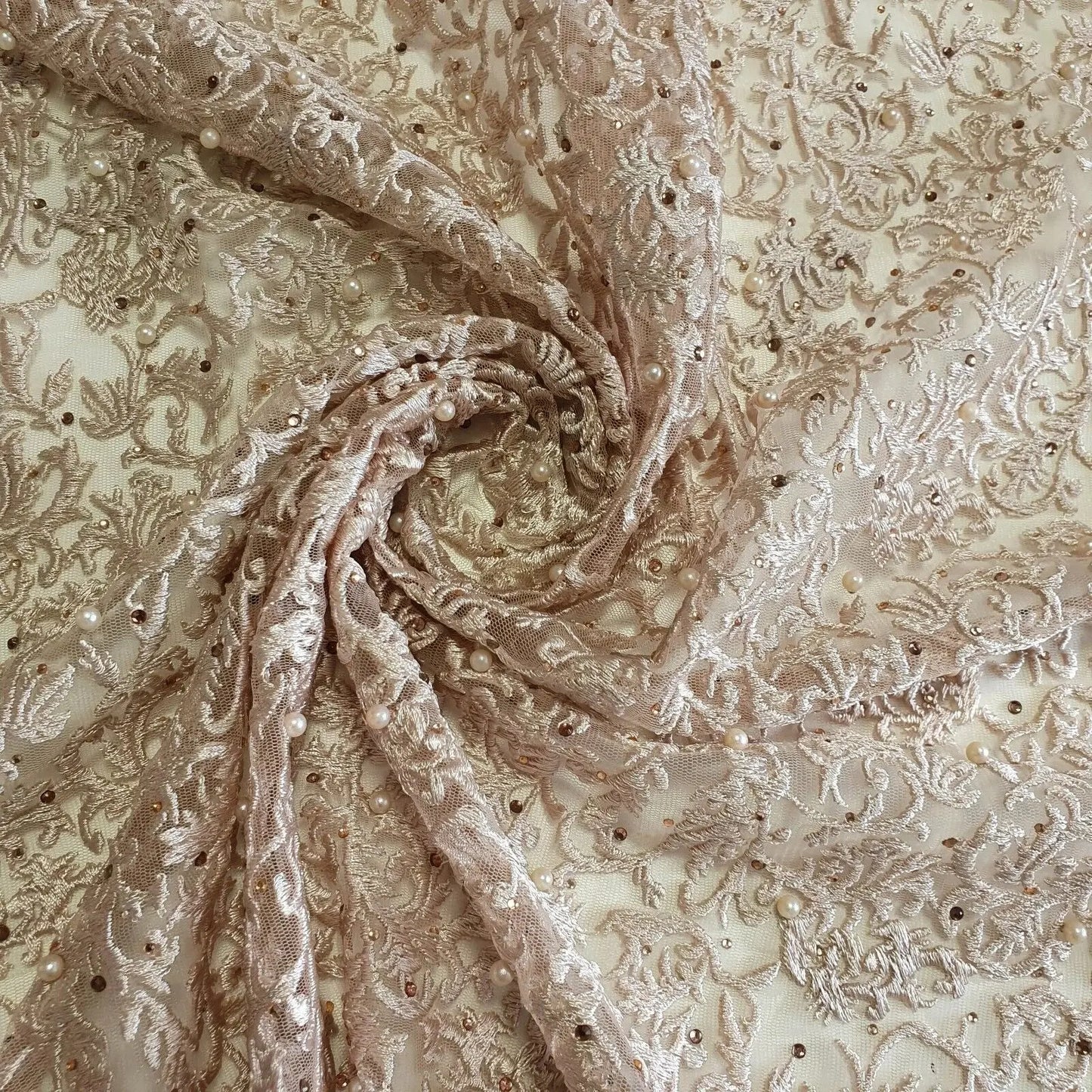 Premium Mesh Net Fabric | 58" (147cm) Wide Thread Floral Embroidery with Self-Colour Pearl Embellishment for Dressmaking & Crafts β Sold by the Metre