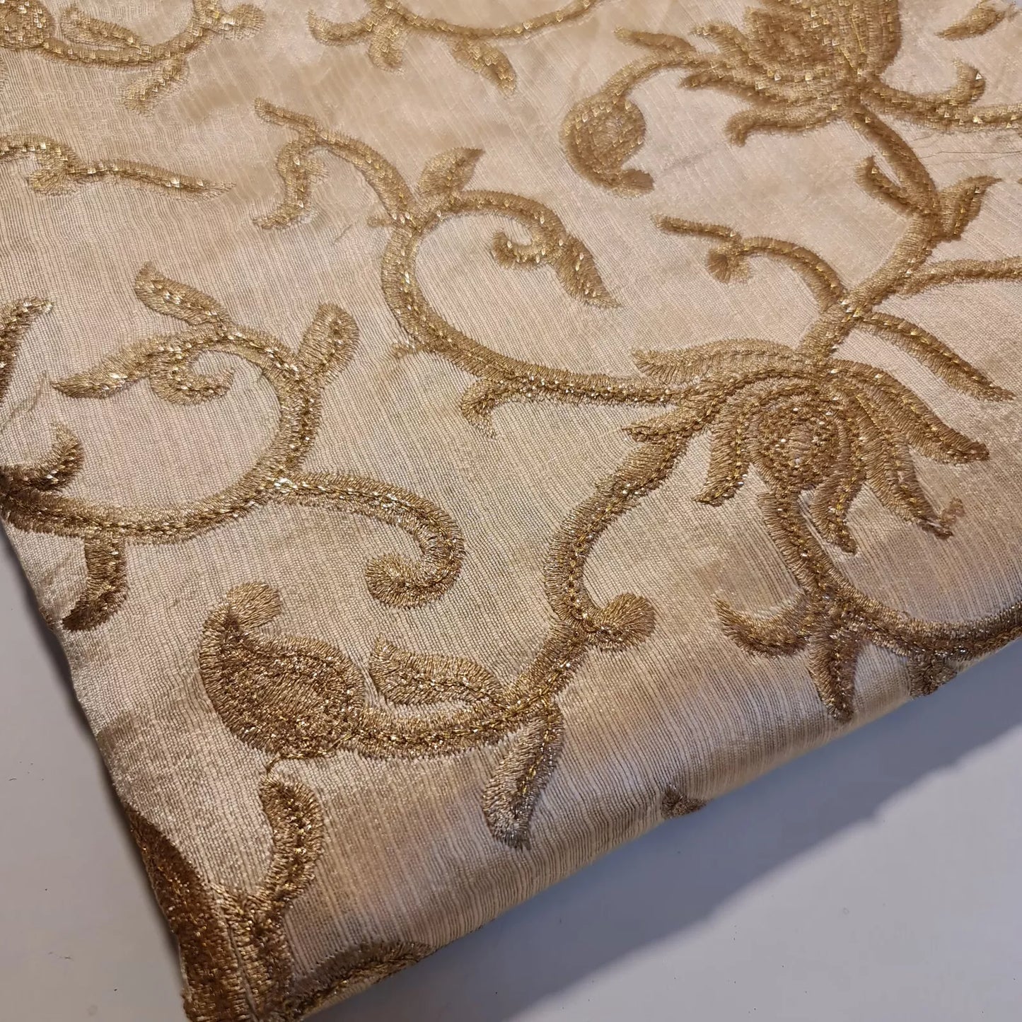 Luxury Faux Raw Silk Embroidered Fabric – Gold Floral Décor, Craft & Dress Material (44" Wide) by the Metre