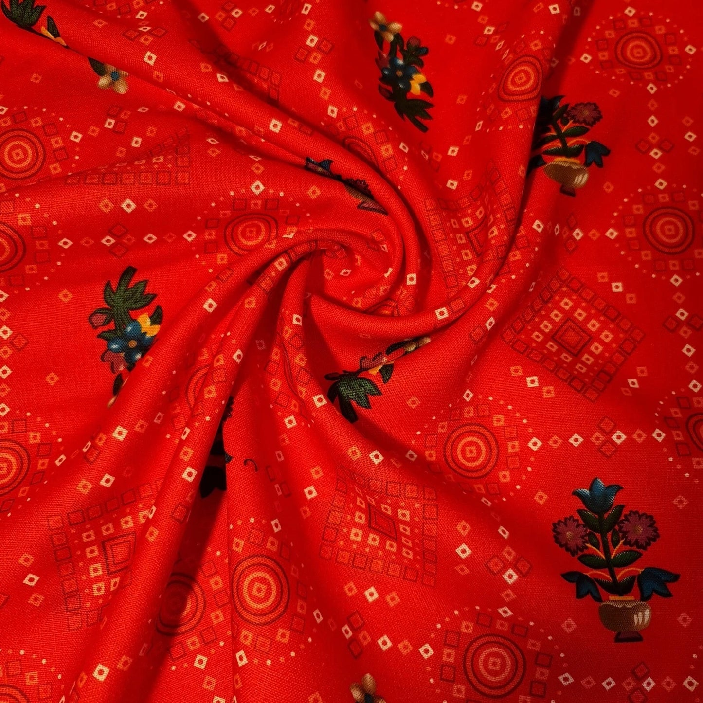 Cotton Viscose Rajasthani Ethnic Print Fabric | Suzani, Rangoli & Boho Banjara Designs – 44" (112cm) Wide Soft Dressmaking & Craft Material – Sold by the Metre Red