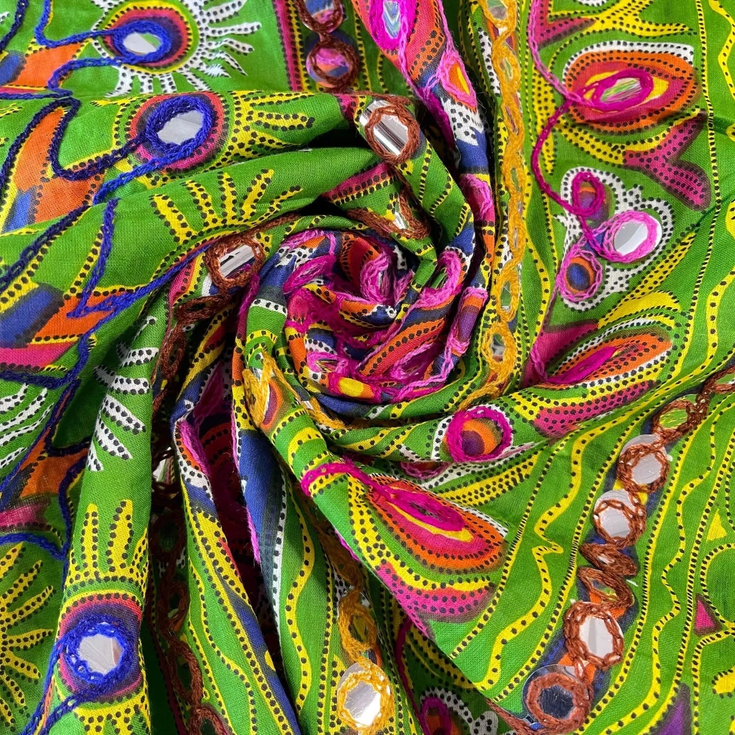 Green Cotton Lawn Indian Ethnic Mirror Embroidery Rangoli Boho Banjara Fabric 44″