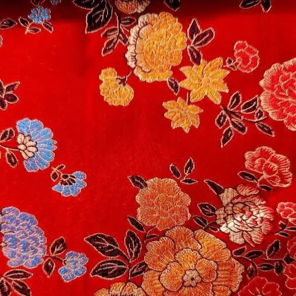Traditional Chinese Embroidered Brocade Fabric | 36" (91cm) Wide Poly Silky Satin Oriental Dragon & Floral Material β Sold by the Metre