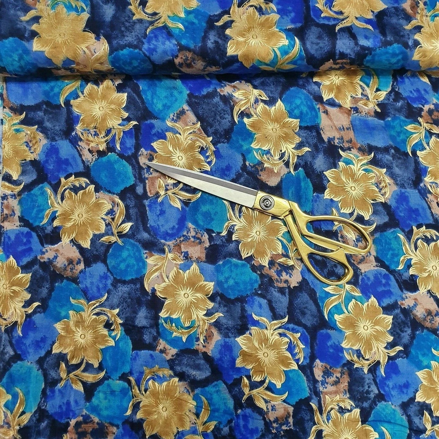 100% Cotton Multi Floral Gold Foil Print Fabric | Soft Touch Indian Design 44" (112cm) Wide Dressmaking & Craft Material – Sold by the Meter Sapphire Gold Bloom