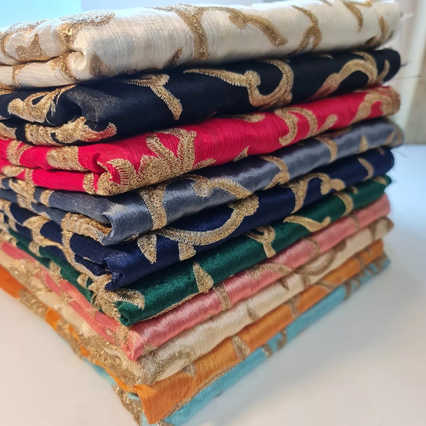 Luxury Faux Raw Silk Embroidered Fabric – Gold Floral Décor, Craft & Dress Material (44" Wide) by the Metre