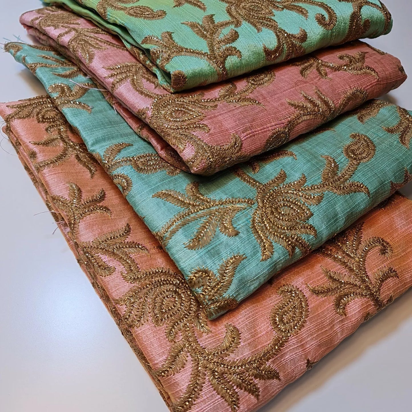 Luxury Faux Raw Silk Embroidered Fabric – Gold Floral Décor, Craft & Dress Material (44" Wide) by the Metre