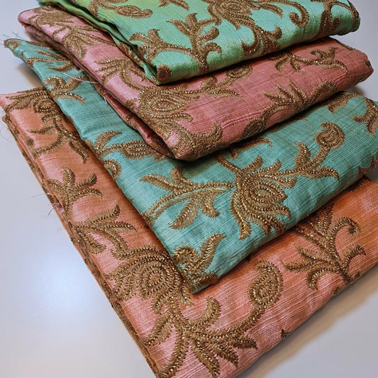 Luxury Faux Raw Silk Embroidered Fabric – Gold Floral Décor, Craft & Dress Material (44" Wide) by the Metre