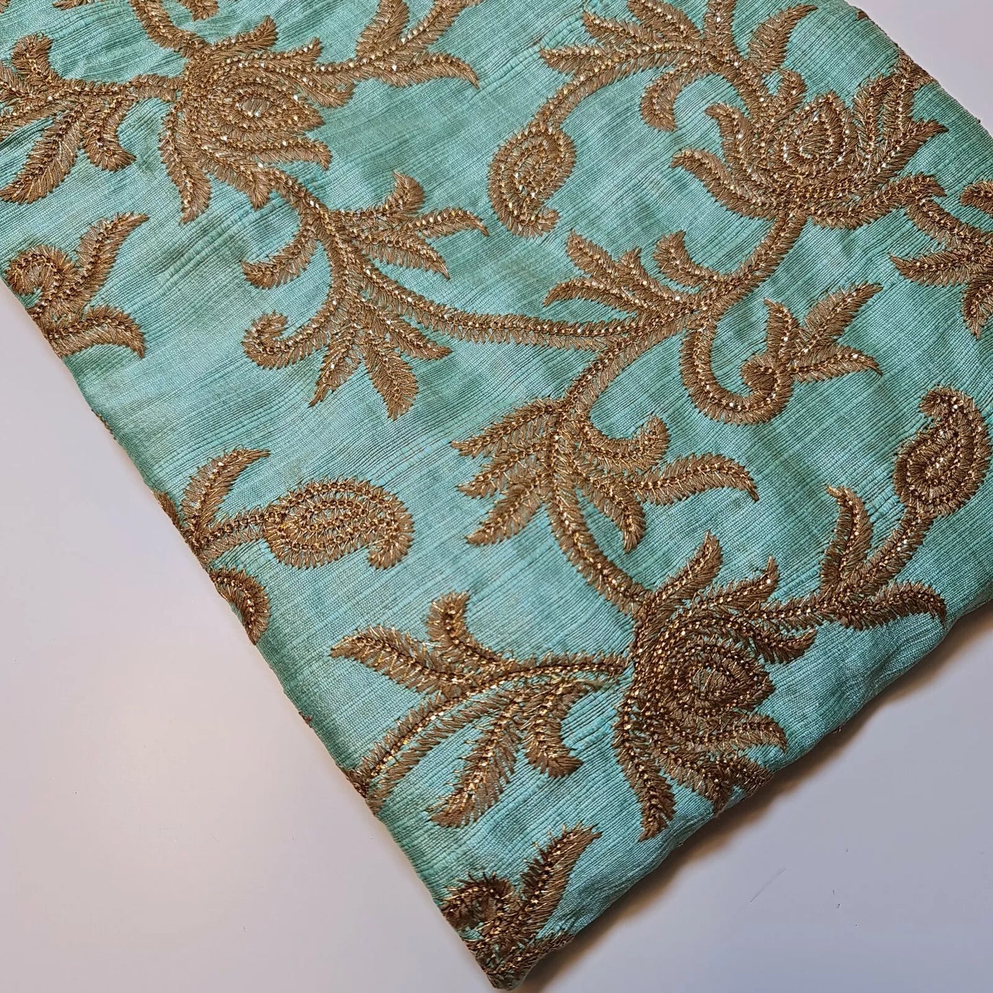 Luxury Faux Raw Silk Embroidered Fabric – Gold Floral Décor, Craft & Dress Material (44" Wide) by the Metre