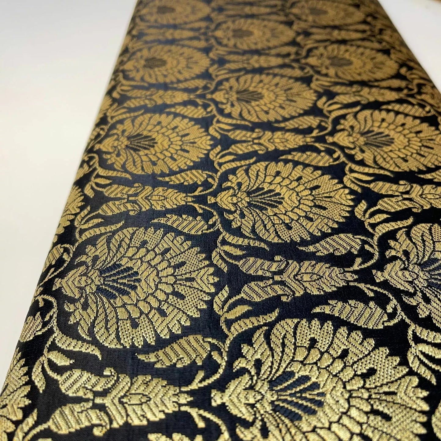 Indian Banarasi Brocade Fabric | Floral & Peacock Gold Metallic Design 44" (112cm) Wide Dress, Craft & Décor Material – Sold by the Meter