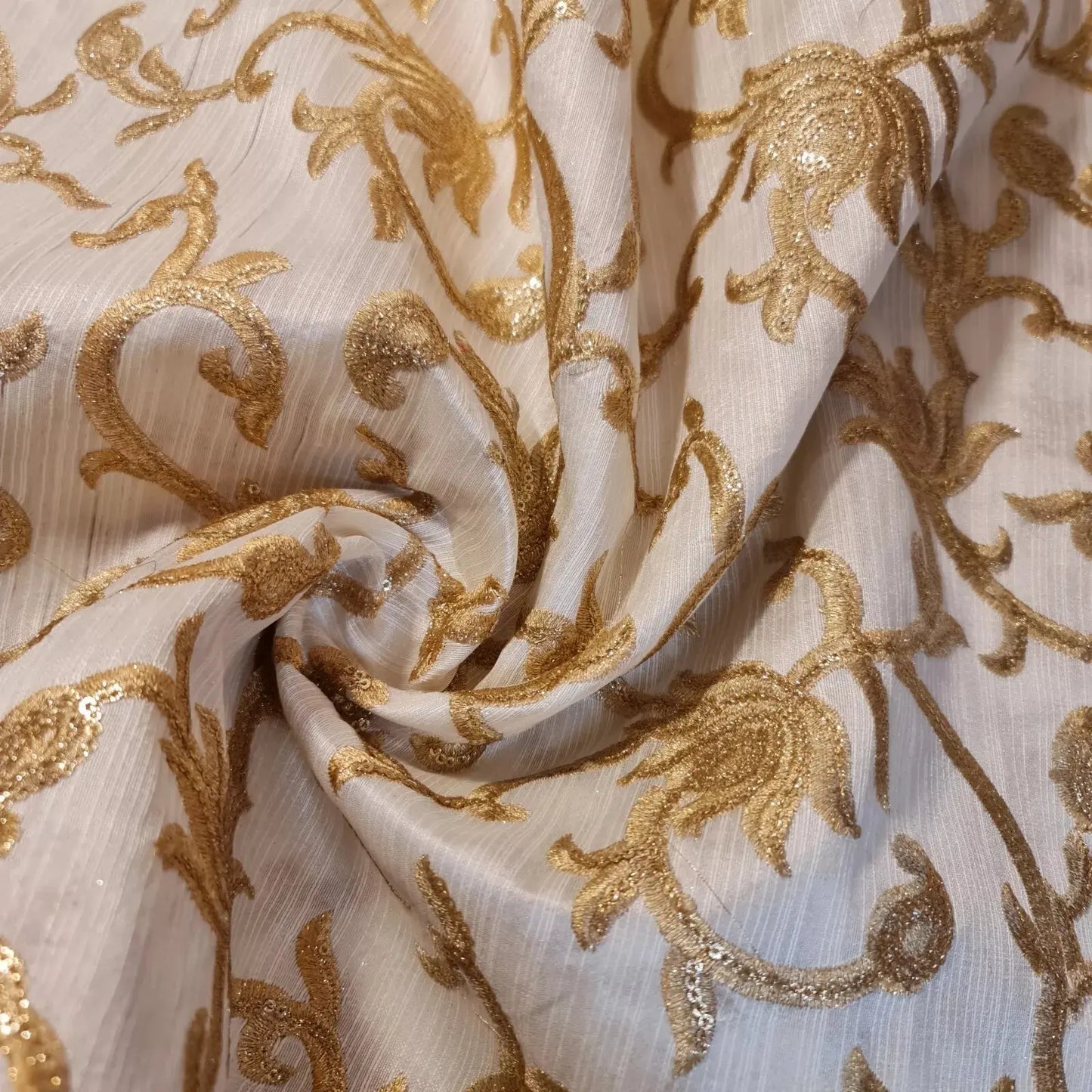 Faux Raw Silk Embroidered Fabric – Gold Floral 112cm (44") Wide Luxury Dress & Décor Material by the Metre