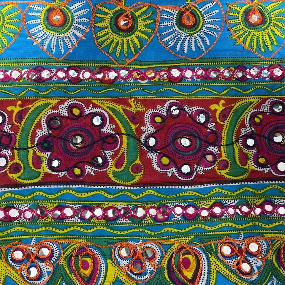 100% Cotton Rajasthani Mirror-Embroidered Fabric | Suzani, Rangoli & Boho Banjara Designs β 44" (112cm) Wide Dressmaking & Craft Material β Sold by the Metre