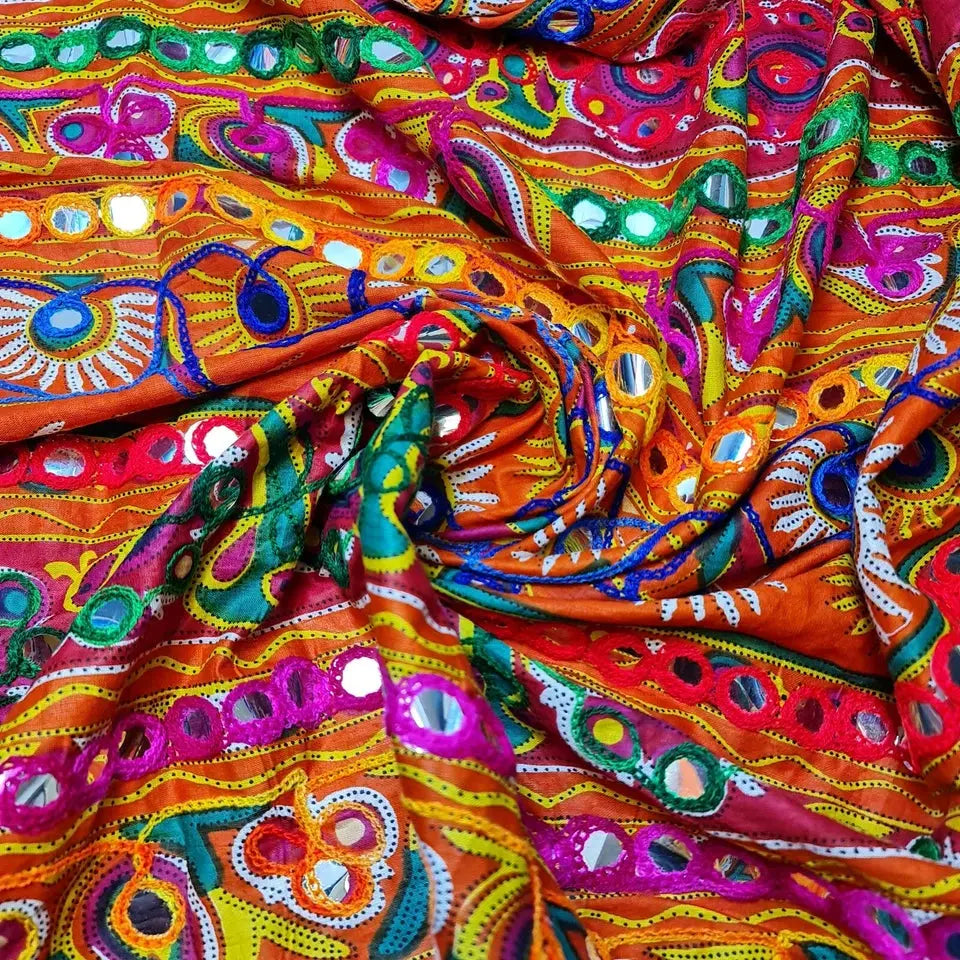 100% Cotton Rajasthani Mirror-Embroidered Fabric | Suzani, Rangoli & Boho Banjara Designs β 44" (112cm) Wide Dressmaking & Craft Material β Sold by the Metre