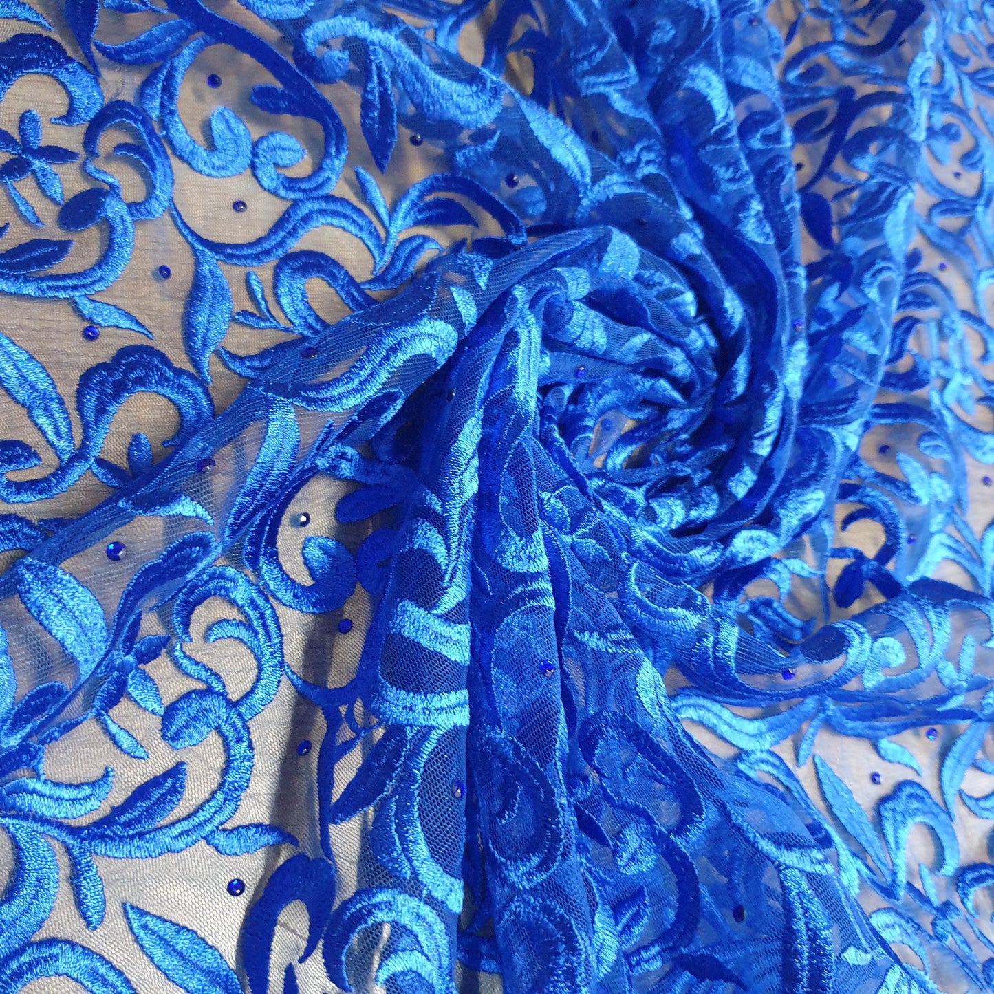Premium Mesh Net Fabric with Floral Diamante Embroidery – 58" Wide Dress & Craft Material