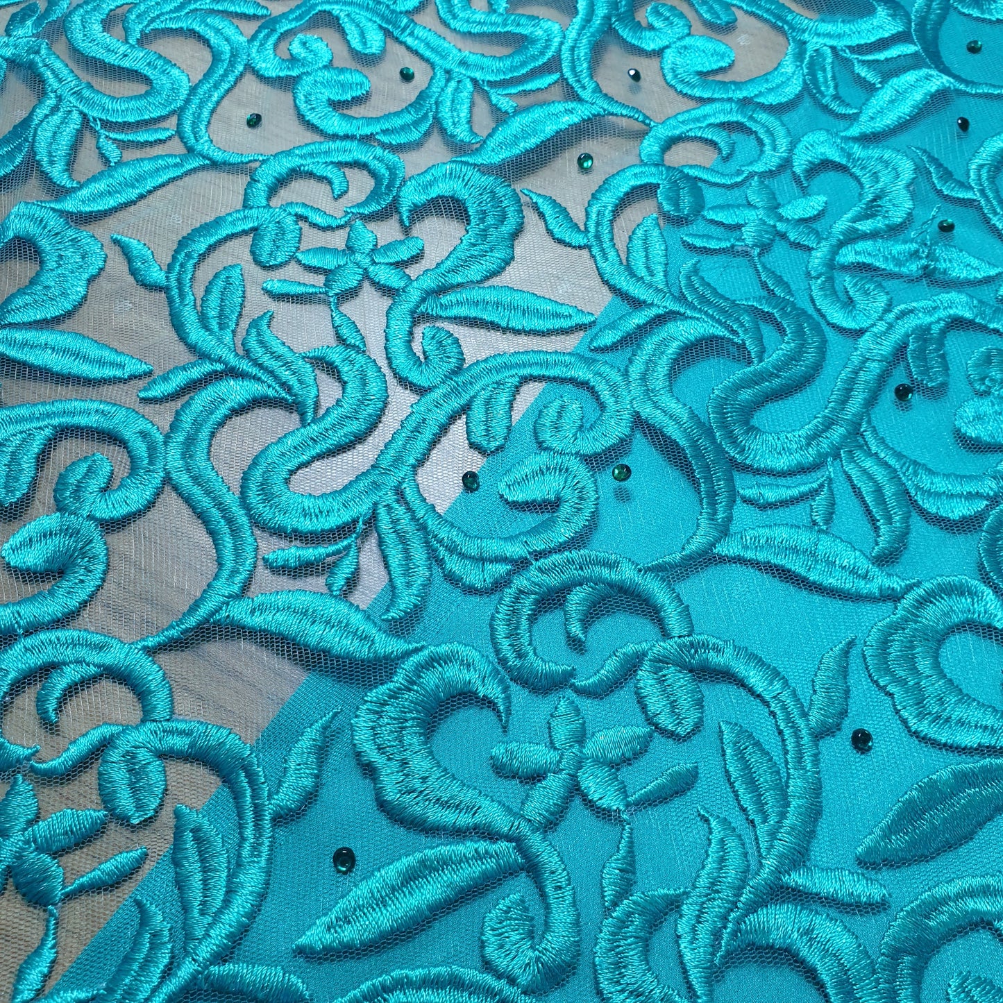 Premium Mesh Net Fabric with Floral Diamante Embroidery – 58" Wide Dress & Craft Material