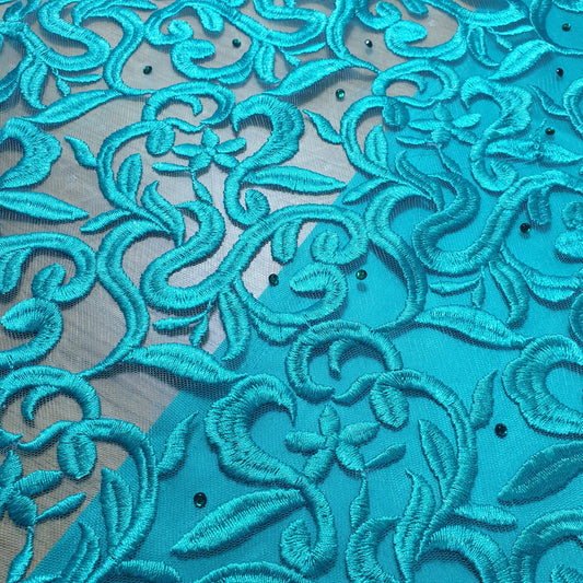 Premium Mesh Net Fabric with Floral Diamante Embroidery – 58" Wide Dress & Craft Material