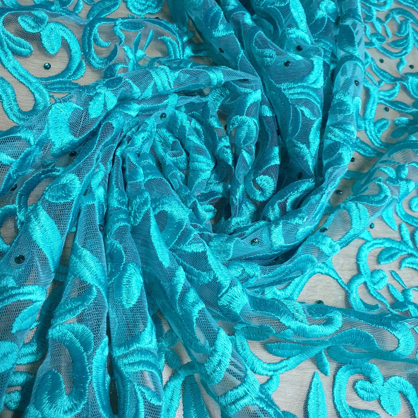 Premium Mesh Net Fabric with Floral Diamante Embroidery – 58" Wide Dress & Craft Material