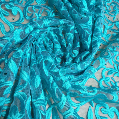 Premium Mesh Net Fabric with Floral Diamante Embroidery – 58" Wide Dress & Craft Material
