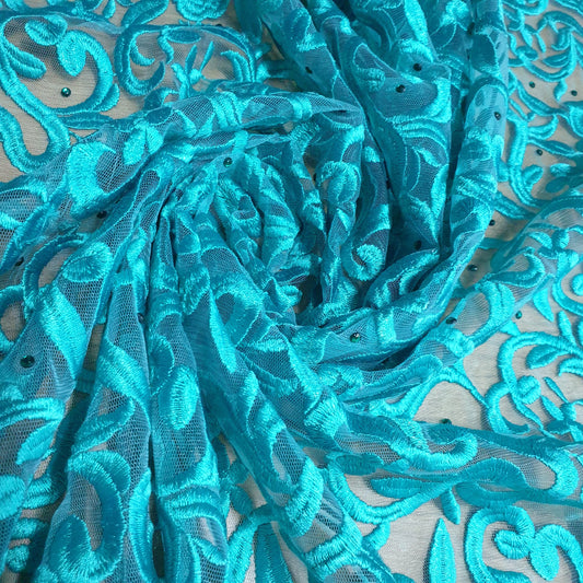 Premium Mesh Net Fabric with Floral Diamante Embroidery – 58" Wide Dress & Craft Material