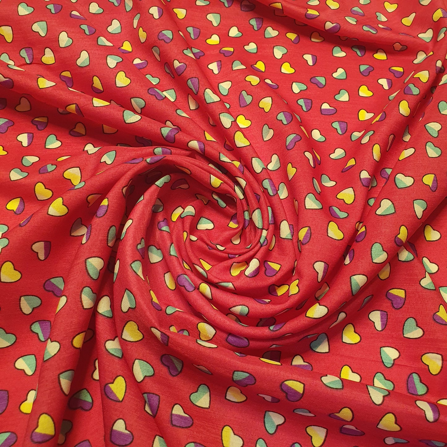 Multi Heart Crepe Printed Fabric – 58" Wide Sewing, Craft & Dress Material by the Metre