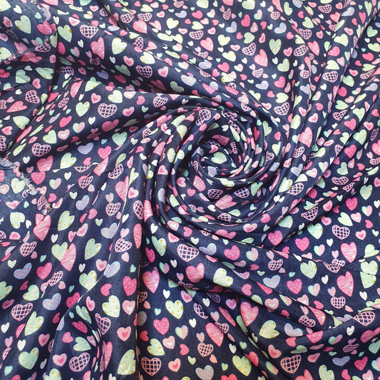 Multi Heart Crepe Printed Fabric – 58" Wide Sewing, Craft & Dress Material by the Metre