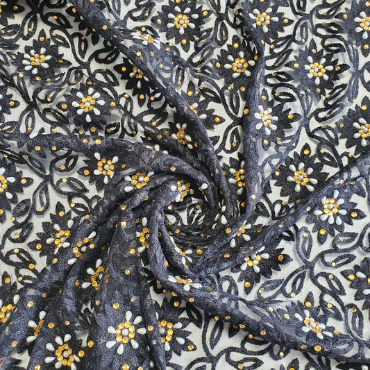 BLACK Premium Mesh Net Material Floral Diamante Embroidery Dress Craft Fabric 44.0" (111.8 cm) By Meter