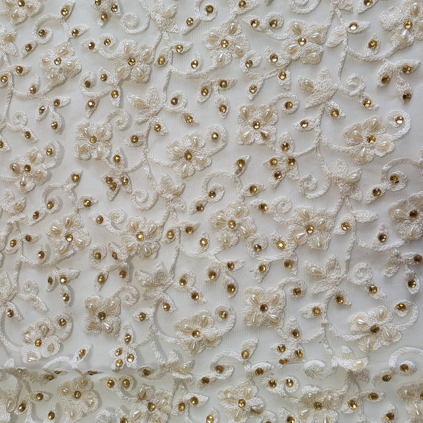 Premium Mesh Net Fabric – 44" Wide Floral Thread Embroidery with Diamante & Pearl Embellishment for Dressmaking & Crafts