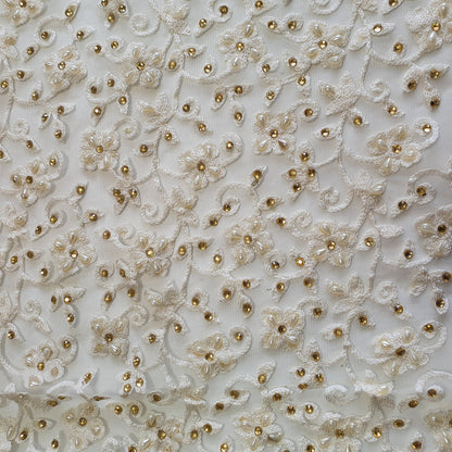 Premium Mesh Net Fabric – 44" Wide Floral Thread Embroidery with Diamante & Pearl Embellishment for Dressmaking & Crafts