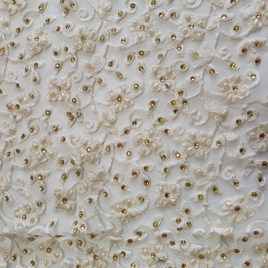 Premium Mesh Net Fabric – 44" Wide Floral Thread Embroidery with Diamante & Pearl Embellishment for Dressmaking & Crafts