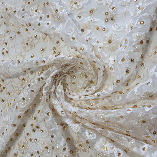 Premium Mesh Net Fabric – 44" Wide Floral Thread Embroidery with Diamante & Pearl Embellishment for Dressmaking & Crafts