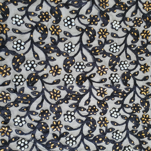 BLACK PAISLEY Premium Mesh Net Material Floral Diamante Embroidery Dress Craft Fabric 44.0" (111.8 cm) By Meter