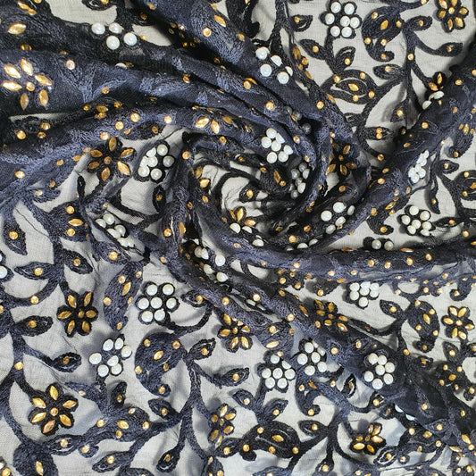 BLACK PAISLEY Premium Mesh Net Material Floral Diamante Embroidery Dress Craft Fabric 44.0" (111.8 cm) By Meter