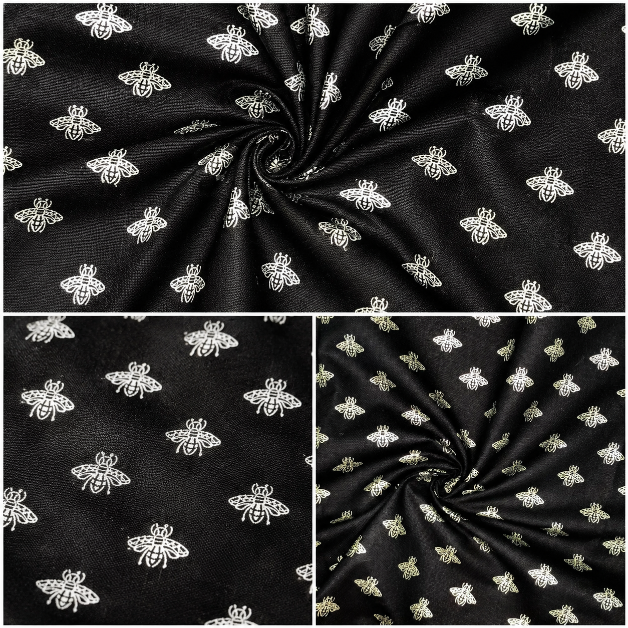 100% Cotton Panama Fabric | Black Background Metallic Bee Print 55" (140cm) Wide Craft & Upholstery Fabric – 17.5M Roll