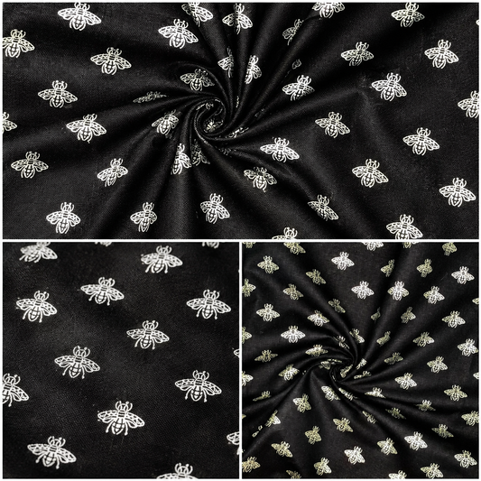 100% Cotton Panama Fabric | Black Background Metallic Bee Print 55" (140cm) Wide Craft & Upholstery Fabric – 17.5M Roll