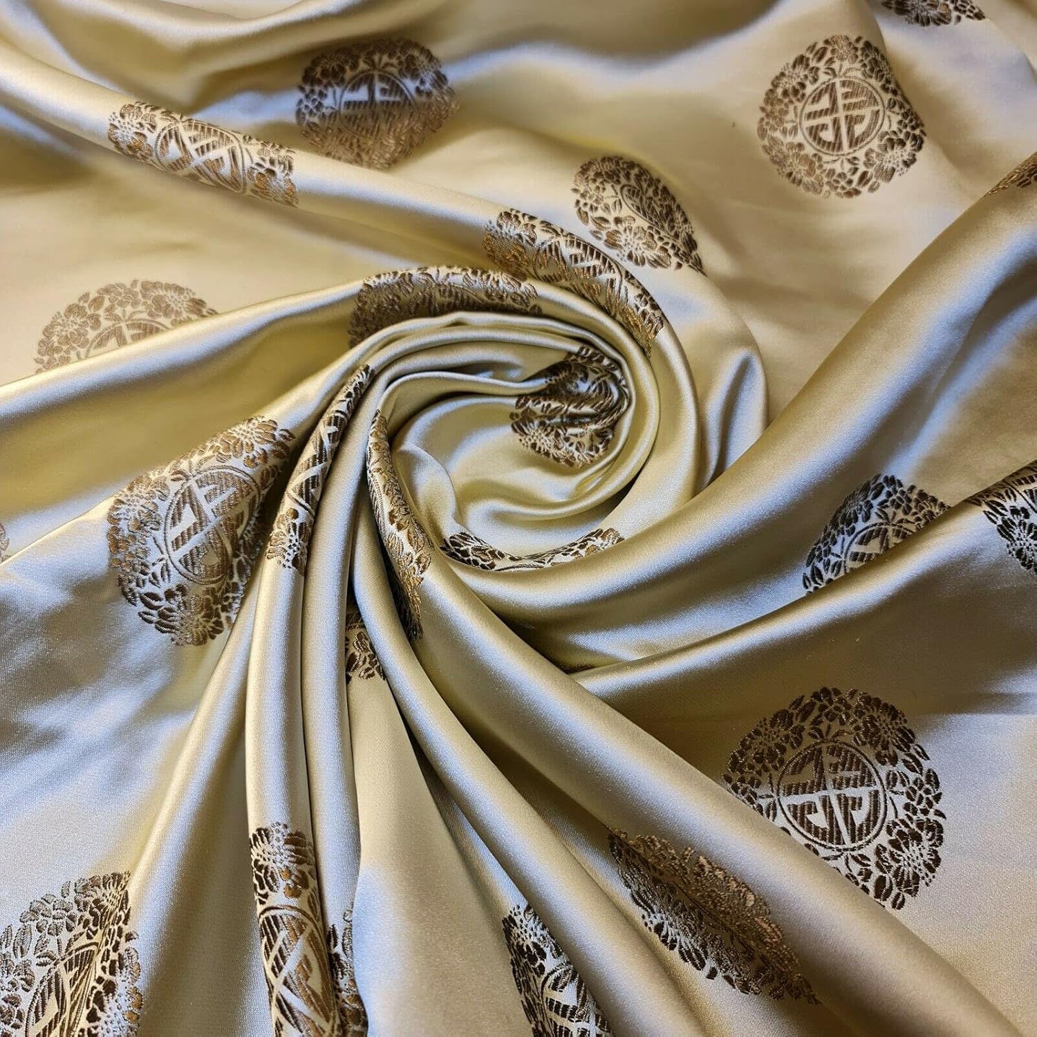 Oriental Chinese Circle Vector Brocade Fabric | Embroidered Poly Silk Satin Jacquard 45" (114cm) Wide Dress, Costume & Craft Material – Sold by the Metre  gold