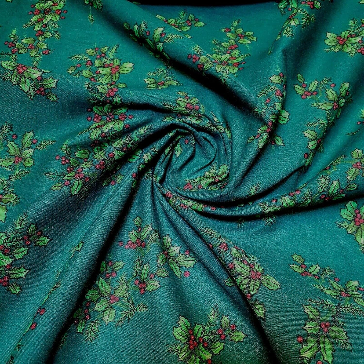 Christmas Festive Polycotton Print Fabric | 44" (112cm) Wide Holiday Craft, Dressmaking & Quilting Material – Sold by the Metre  Emerald Holly Charm