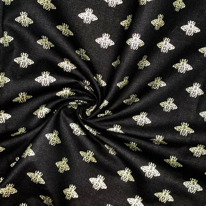 100% Cotton Panama Fabric | Black Background Metallic Bee Print 55" (140cm) Wide Craft & Upholstery Fabric – Sold by the Meter
