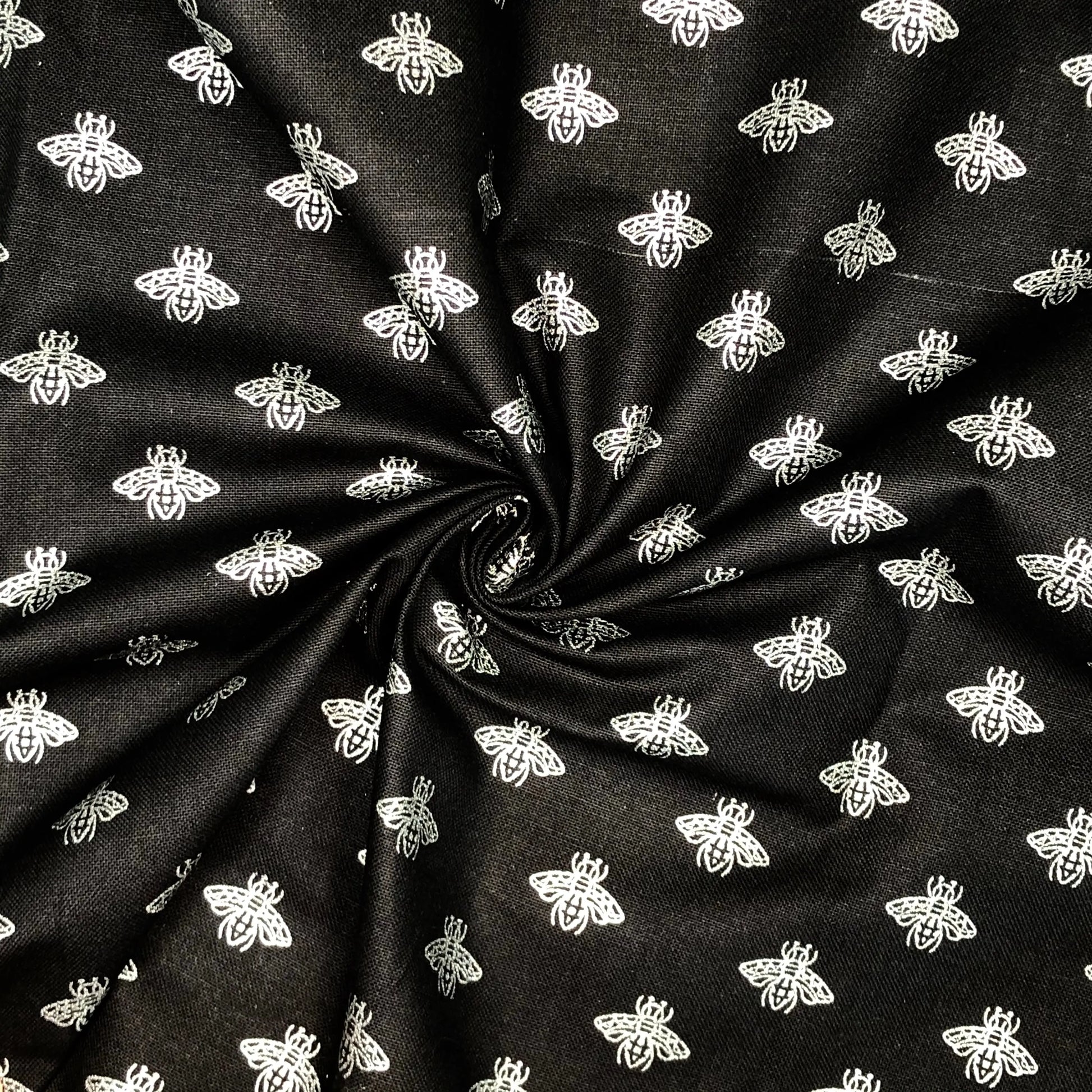 100% Cotton Panama Fabric | Black Background Metallic Bee Print 55" (140cm) Wide Craft & Upholstery Fabric – Sold by the Meter