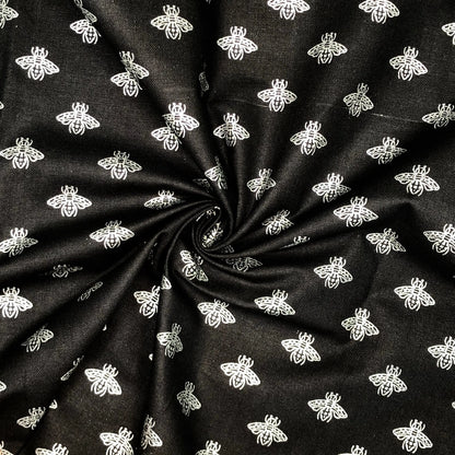100% Cotton Panama Fabric | Black Background Metallic Bee Print 55" (140cm) Wide Craft & Upholstery Fabric – Sold by the Meter