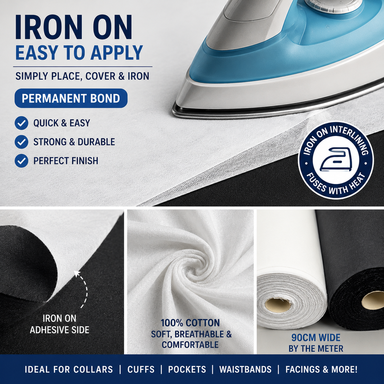 100% Cotton White / Black Woven Iron-On Fusible Interfacing Fabric 90cm By Meter