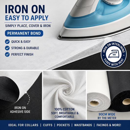 100% Cotton White / Black Woven Iron-On Fusible Interfacing Fabric 90cm By Meter