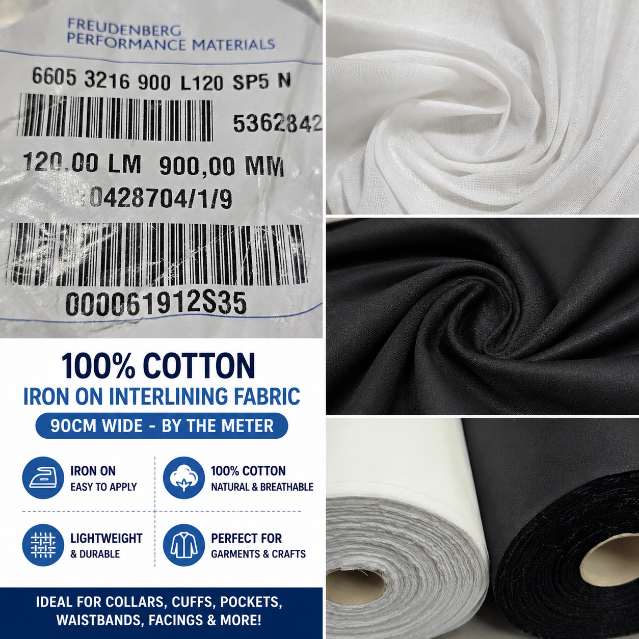 100% Cotton White / Black Woven Iron-On Fusible Interfacing Fabric 90cm By Meter