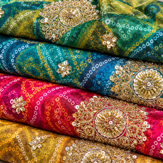 Embroidered Bandhani Organza Fabric Indian Dress Saree Craft Material 44" Wide Sold By The Meter