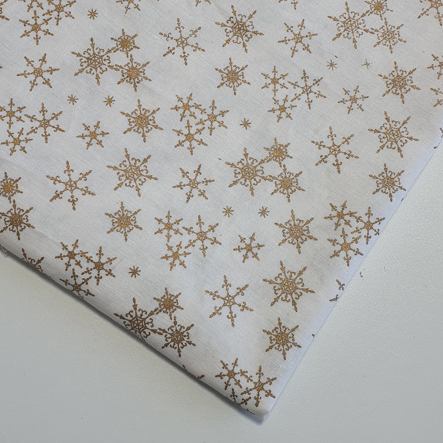 Deluxe Gold Foil Christmas Cotton Fabric – 44" Wide Snowflake & Xmas Tree Print for Festive Décor & Crafts