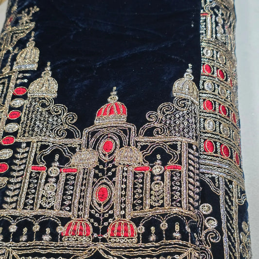 Velvet Gold Zari Embroidery Fabric Indian Wedding Dress Craft Material 58" Wide By The Meter
