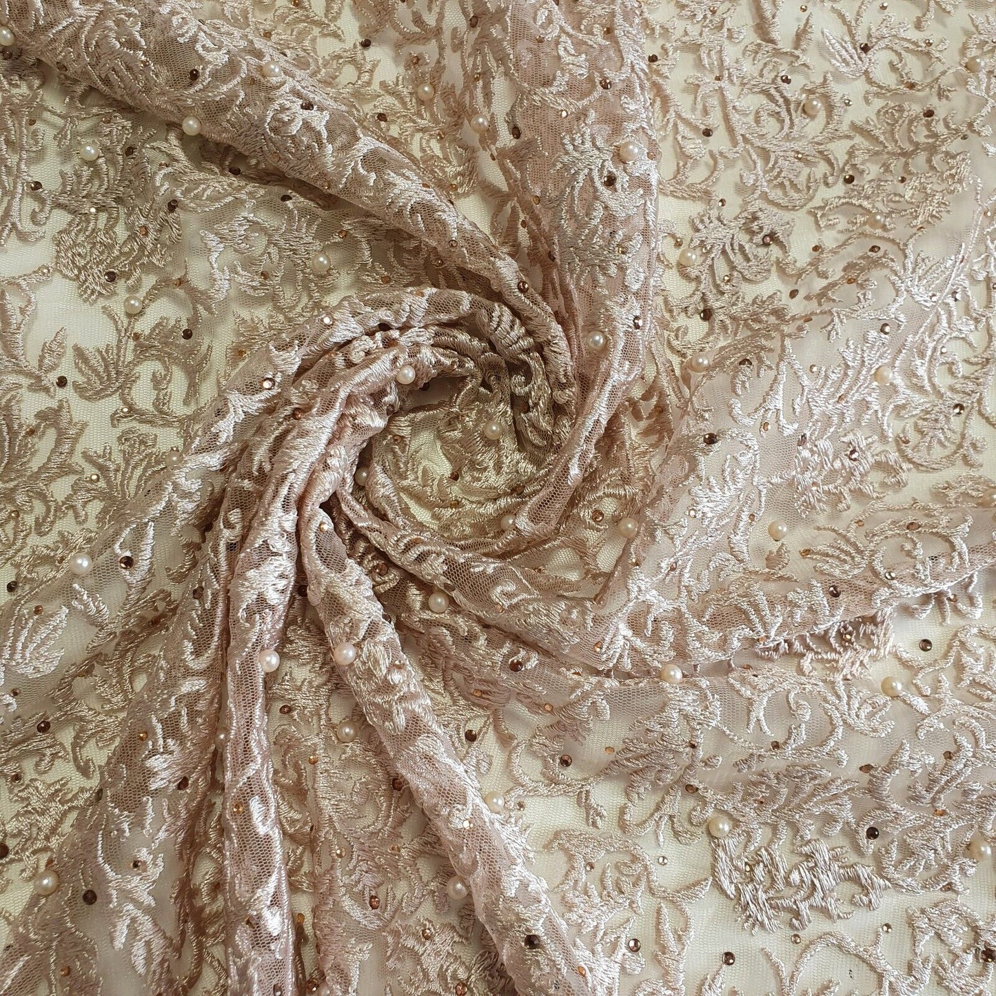 Premium Mesh Net Fabric – 58" Wide with Thread Floral Embroidery & Self-Color Pearls for Dress & Craft