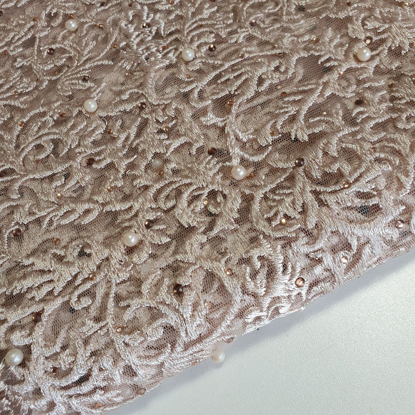 Premium Mesh Net Fabric – 58" Wide with Thread Floral Embroidery & Self-Color Pearls for Dress & Craft