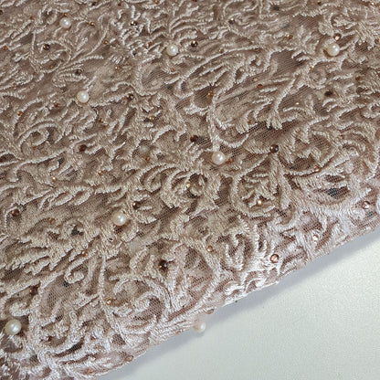 Premium Mesh Net Fabric – 58" Wide with Thread Floral Embroidery & Self-Color Pearls for Dress & Craft