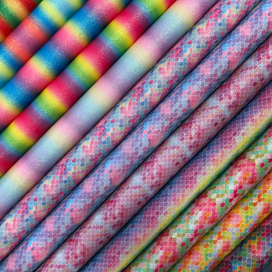 Rainbow & Mermaid Glitter PU Backed Fabric | Sparkle Leatherette 55" (140cm) Wide – Sold by the Meter