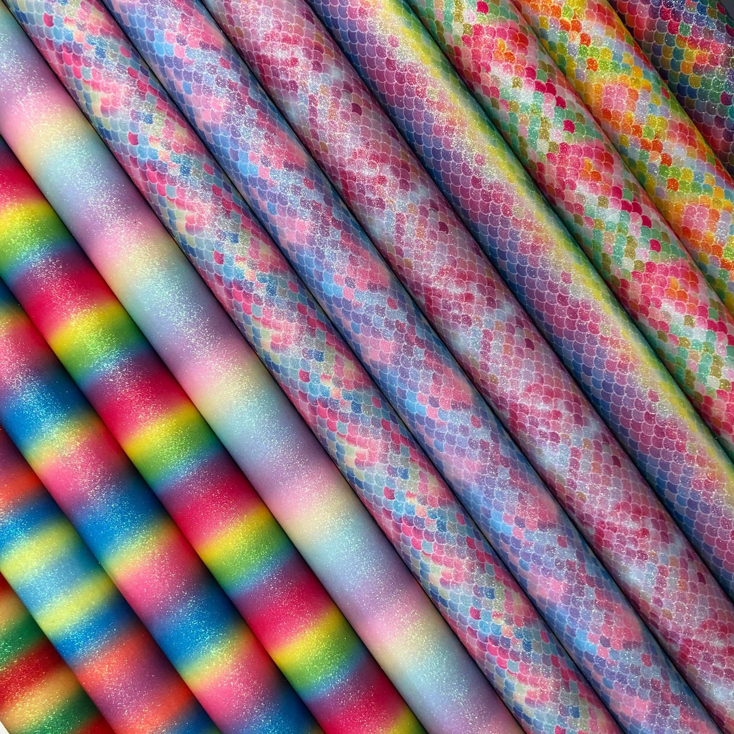 Rainbow & Mermaid Glitter PU Backed Fabric | Sparkle Leatherette 55" (140cm) Wide – Sold by the Meter